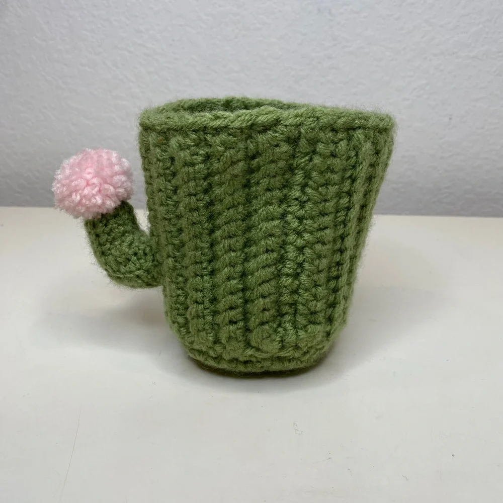 Handmade Crochet Cactus Pencil Holder‎ Green Pink Flower Desk Organizer Basket